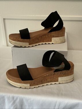 Steve Madden Black Cork Platform Sandals with White Outsole